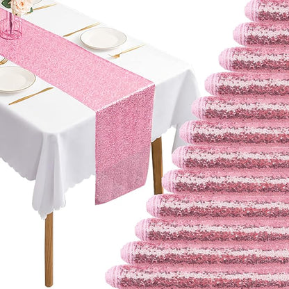 12 Packs 12 X 72 Inch Pink Sequin Table Runner Glitter Dining Table Runner by Fivenl