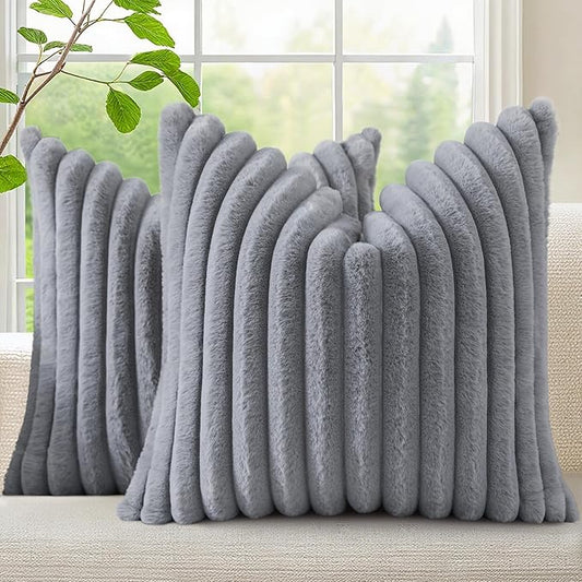 decorUhome Cozy Faux Fur Spring Throw Pillow Covers 20x20 Set of 2 Decorative Soft Plush Striped Modern Farmhouse Boho Couch Pillow Cases with Velvet Back for Sofa Bed Living Room, Grey