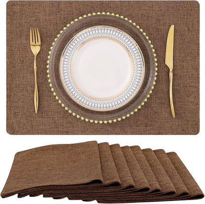 homing Cotton Linen Placemats Set of 8, Cloth Washable Farmhouse Dining Table Mats for Indoors & Outdoors, Easy to Clean, Brown, 13 x 19 Inch