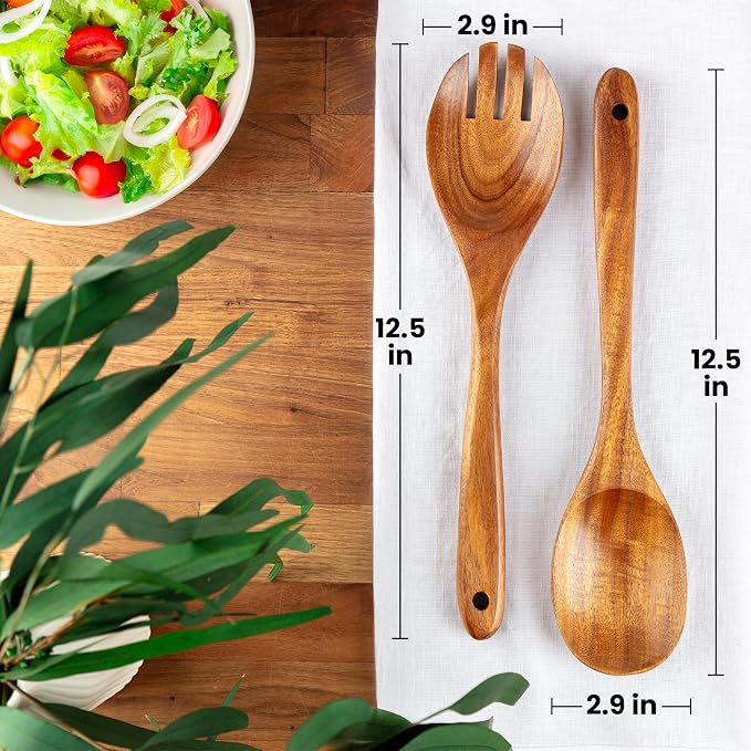Zulay Kitchen Teak Wood Utensil Set – 2 Piece Large Wooden Salad Serving Spoon - Image 2