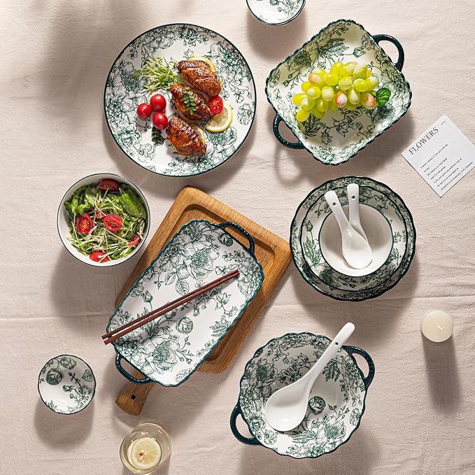 Ceramic Dinnerware Set, Floral Plates and Bowls Sets, Microwave & Dishwasher - Image 7