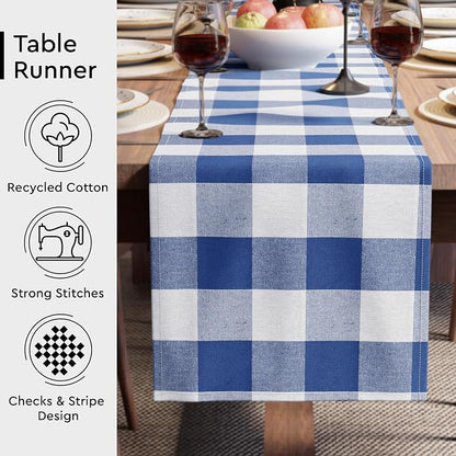 Encasa XO Table Runner, Woven Cotton Dining Runner 13"x72" Buffalo Blue Checks - Image 3
