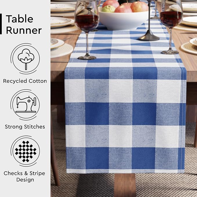 Encasa XO Table Runner, Woven Cotton Dining Runner 13"x59" Buffalo Blue Checks - Image 3