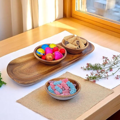 Acacia Wooden Calabash Bowls with Baguette Tray, 4-Piece Set: Three 4.25" Dip Bowls and 13.5" Bread Tray, Rustic Handcrafted Appetizer & Condiment Set