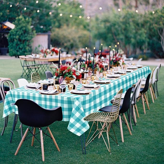 Plaid Tablecloth 2 Pack, 60 x 84 inch, Turquoise and White | Waterproof - Image 7