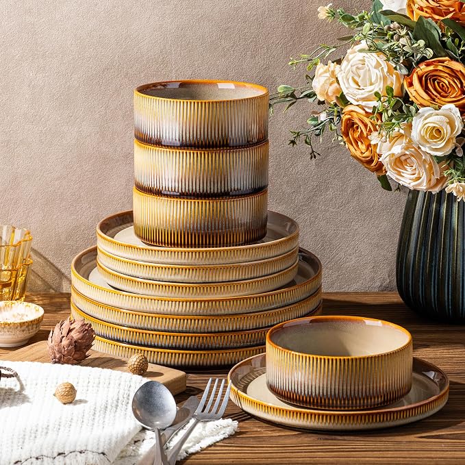 Ceramic Dinnerware Set for 8, 24-Piece Plates and Bowls Set | Lightweight - Image 5