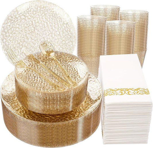 Rubtlamp 350 Pcs Gold Glitter Plastic Plates, Hammered Disposable Plates Set (50 Guests), Glitter Dinnerware Set Include 100 Plastic Plates, 150 Glitter Silverware, 50 Cups And 50 Napkins