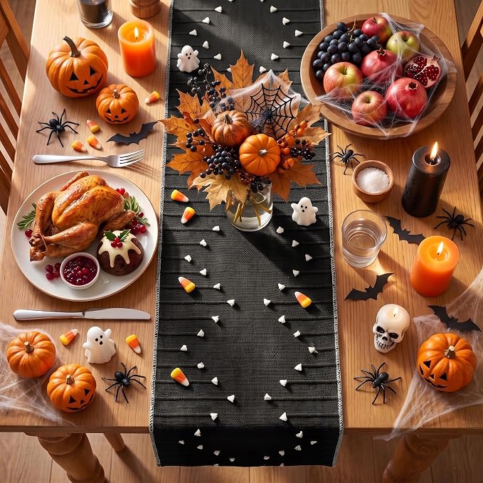 Artoid Mode Black Farmhouse Rustic Cotton Woven Table Runner, Seasonal - Image 2