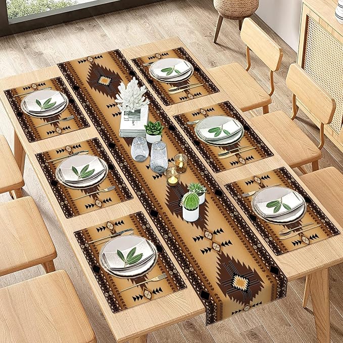 Table Runner and Placemats Set of 6, Boho Aztec | Western Tribal Ethnic Art by ArtSocket
