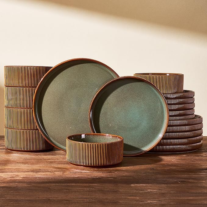 Ceramic Plates & Bowls Sets for 6, Handmade Reactive Glaze | Green Brown by FamiwarePremium