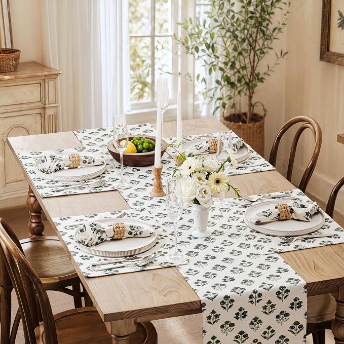 Block Print Floral Decorative Table Runners, 13x60 Inch Olive | 100% Organic - Image 7