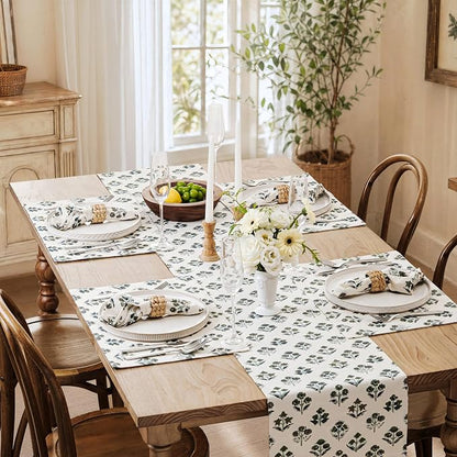 Block Print Floral Decorative Table Runners, 13x60 Inch Olive | 100% Organic - Image 7