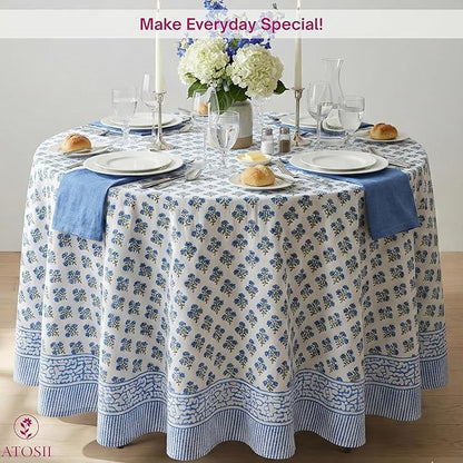 ATOSII Gulbahar Blue 100% Cotton Fall Round Tablecloth, Handblock Print Floral Table Cloth for Kitchen Dining Linen I Thanksgiving, Christmas, Weddings, Outdoors, Parties I 72" Inches Diameter
