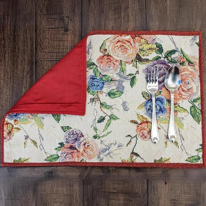 DaDa Bedding Vintage Romantic Roses Floral Dining Table Placemats - Set of 4-Pieces Tapestry Lovely Valentine Blossoms Spring Summer Garden - Decorative Linen Woven Kitchen Mats - 13” x 19” (879)