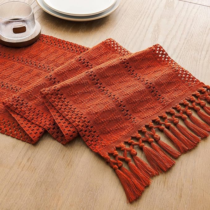 Macrame Style Boho Table Runner, 12x72 Inch Dark Orange | Woven Boho Table - Image 7