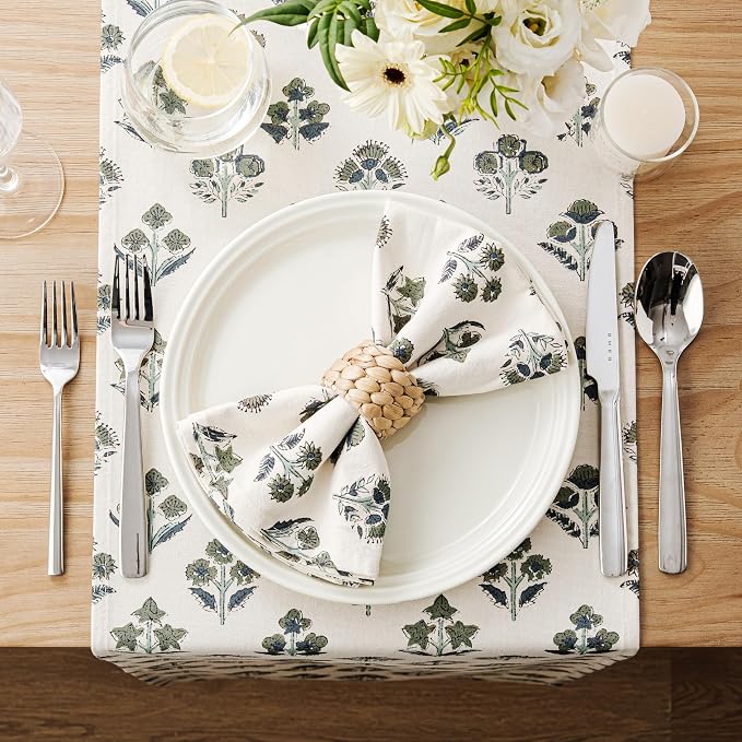 Block Print Floral Decorative Table Runners, 13x60 Inch Olive | 100% Organic - Image 3