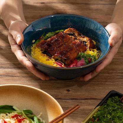 8 Inch Ceramic Ramen Bowl Set of 2, 40oz Japanese Bowls with Spoons & Chopsticks,Durable,Microwave & Dishwasher Safe,Perfect for Ramen,Pho,Salad,Soup,Noodles，Mixing bowls（Azure）