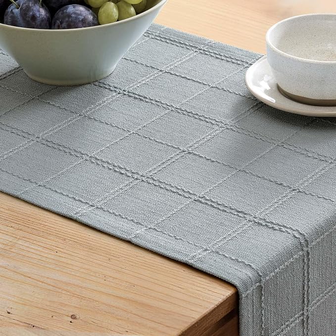 Linen Checked Farmhouse Table Runner, 13x48 Inches Chambray | Raised Grid Design - Image 5