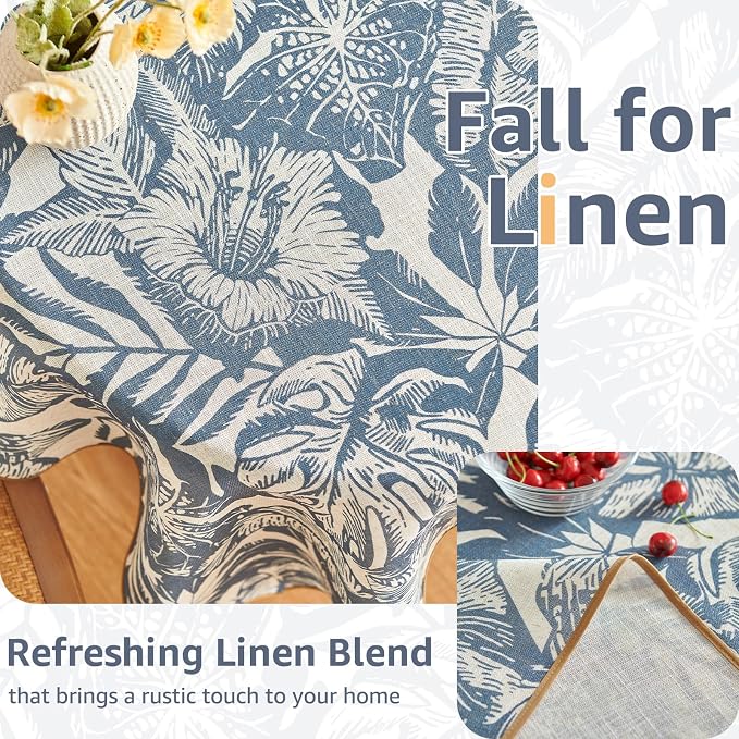 jinchan Blue Tropical Floral Linen Rectangle Table Cloth 50x70 | Vibrant - Image 4