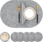 Homaxy Round Faux Leather Placemats and Coasters, Washable Dual-Side Table Mats, Wipeable Heat-Resistant Dining Place Mats for Outdoor and Indoor, Set of 6, Diameter 13 and 3.93 inch, Light Grey
