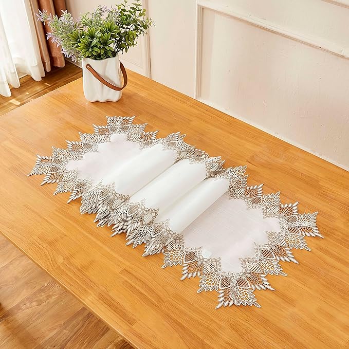White Linen Table Runner 60” Lace Coffee Table Runners | French Dresser Runners - Image 3