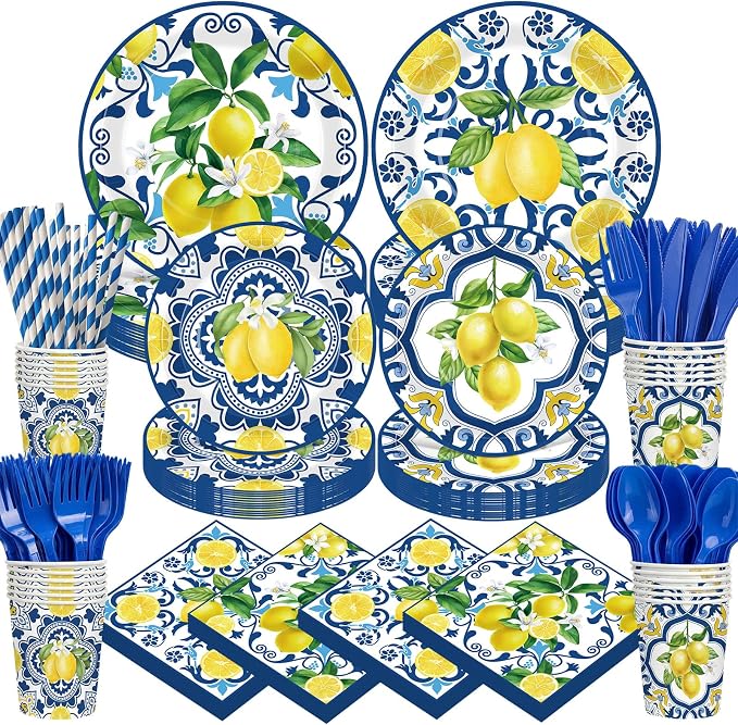 450 Pcs Capri Lemon Party Tableware Set Decorations, Serves 50 | Mediterranean by Unknown