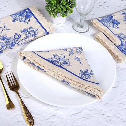 FINGERCRAFT Dinner Cloth Napkin Cotton Linen Blend 4 Pack Mitered Corners with Elegant Lace for Everyday Use Napkins are Pre Shrunk and Good Absorbency (Toile, 20in x 20in)