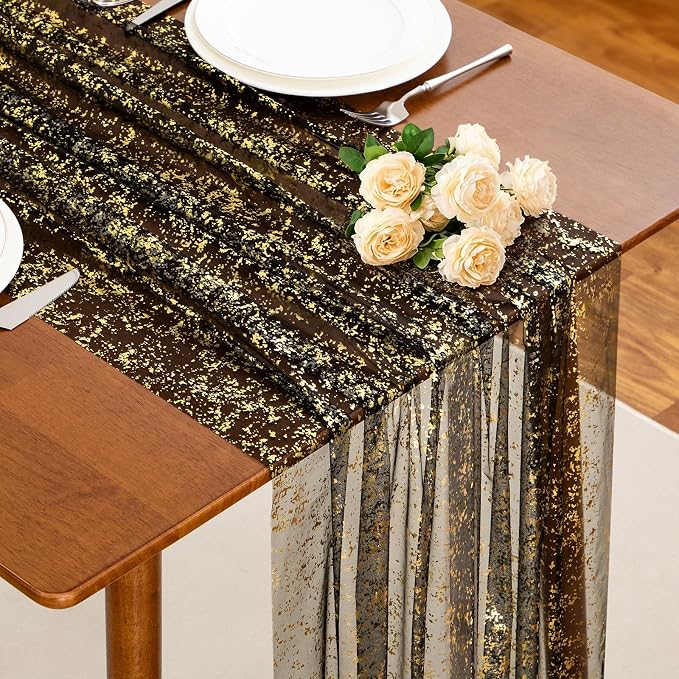 SiinvdaBZX Black Gold Sheer Tulle Table Runner 120 Inch/10 Ft Long | Gauze by SiinvdaBZX