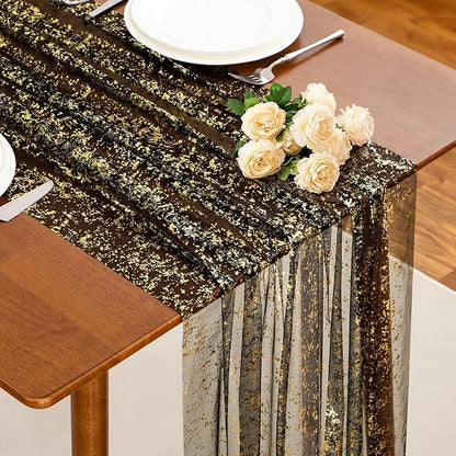 SiinvdaBZX 4 Pcs Black Gold Sheer Tulle Table Runner 120 Inch/10 Ft Long | by SiinvdaBZX