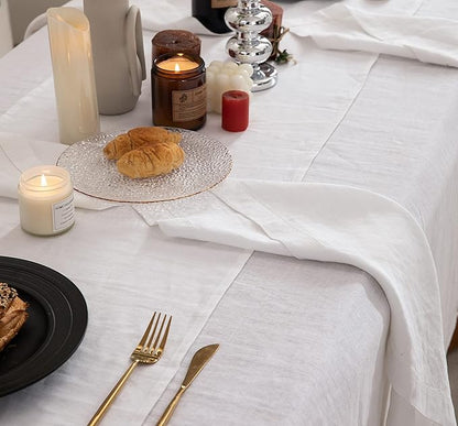 EVERLY Pure Linen Hemstitch Tablecloth,100% Stonewashed French Linen tablecloths for Kitchen Dining Rectangle Tables,60x132Inch Machine Washable Christmas Thanksgiving Organic Tablecloth-White