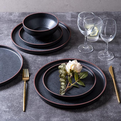 LERATIO Salad Plates,8.0 inch ceramic plates,Ceramic Salad Plates Set of 6,Modern Shape Dinnerware Dishes Set for Kitchen, Microwave & Dishwasher & Oven Safe,Matte Black with coffee rim