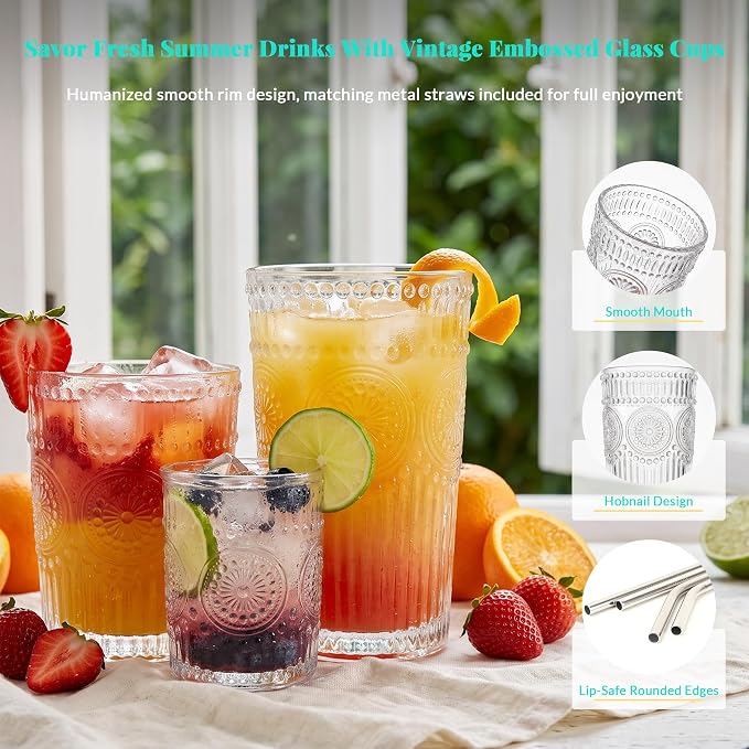 CycleMore 12Pc SunFlower Drinking Glasses, 15oz + 12oz + 4oz Clear Cup | Bar - Image 5