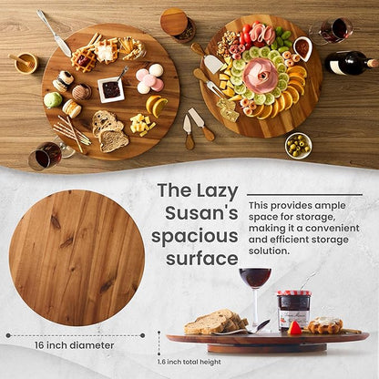 16" Acacia Wood Lazy Susan for Table Top - Wooden Turntable Serving Tray for Charcuterie Boards Cheese Board - Extra Large Round Lazy Susan Organizer - Kitchen Revolution for Countertop