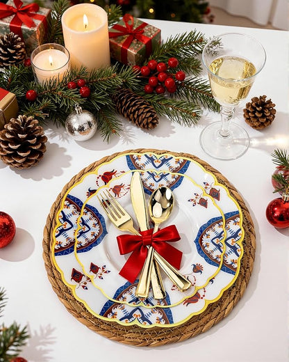 Morejoy 60pcs Plastic Disposable Plates Set - White Plastic Plates Featuring Classic Blue and Russet Floral Design With Gradient Gold Rim, 10.25 Dinner & 7.5 Dessert Plates for Wedding & Party