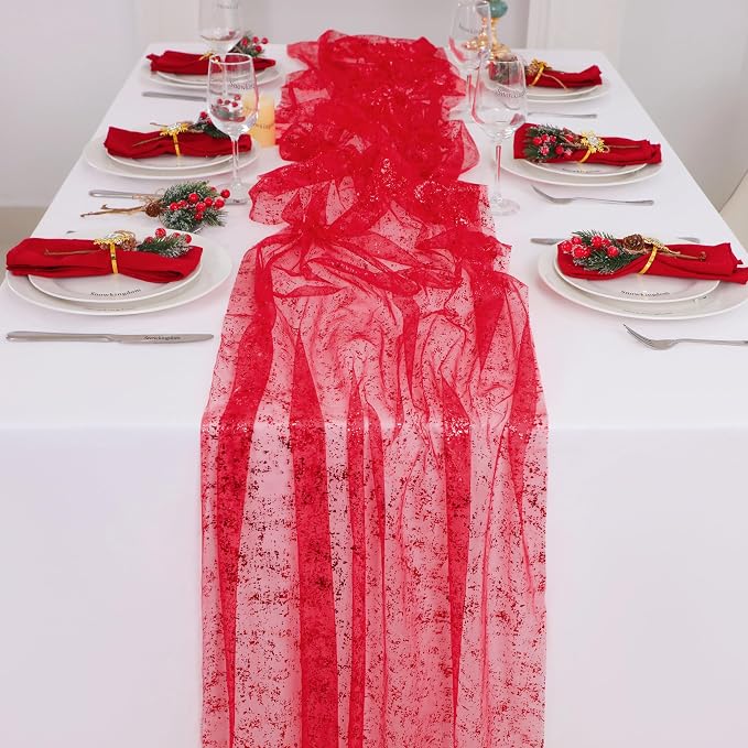 Snowkingdom 6 Pcs Red Glitter Table Runner 10 FT, Sheer Chiffon Sparkle Gauze - Image 2