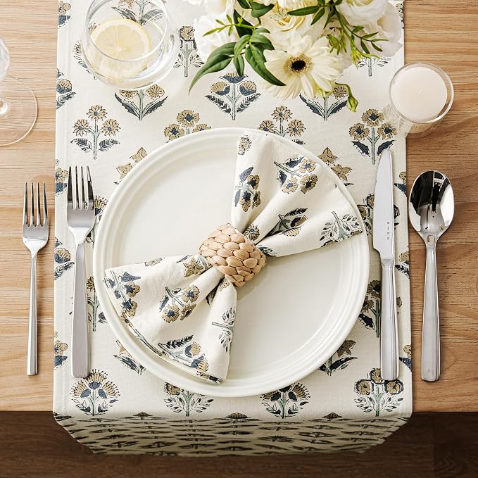 Block Print Floral Decorative Table Runners, 13x90 Inch Latte | 100% Organic - Image 3