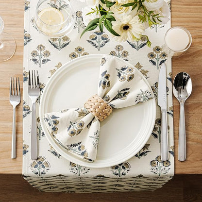 Block Print Floral Decorative Table Runners, 13x90 Inch Latte | 100% Organic - Image 3