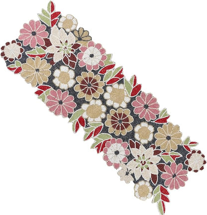Floral Beaded Table Runner, 13x36 | Handcrafted glass beads, polyester backing by CLEENTABLE
