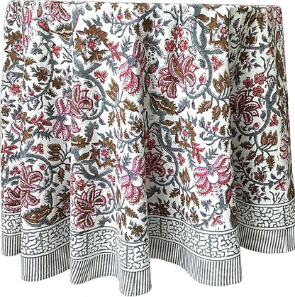 ATOSII Eden Multicolor 100% Cotton Round Tablecloth, Handblock Print Floral Table Cloth for Kitchen Dining Linen I Parties, Weddings, Outdoors, Holidays I Fall Home Decor 72" Inches Round
