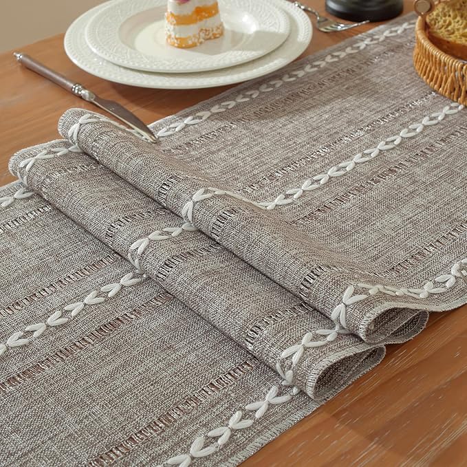 Boho Cotton Linen Brown Table Runner, Farmhouse Woven Table Runners Spring - Image 2