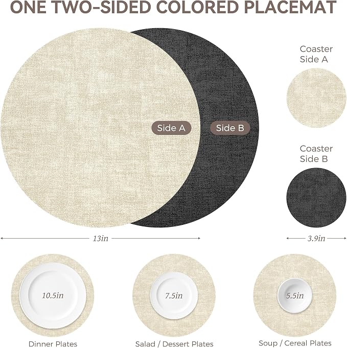 NCUE 13" Faux Leather Round Placemats Set of 6, Reversible Dual-Color | - Image 4