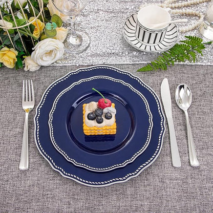 Hioasis 60pcs Blue Plastic Plates - Blue and Silver Disposable Dinnerware with Gold Rim, Heavy-duty, 7.5 inch, Dessert Plates for Party & Christmas