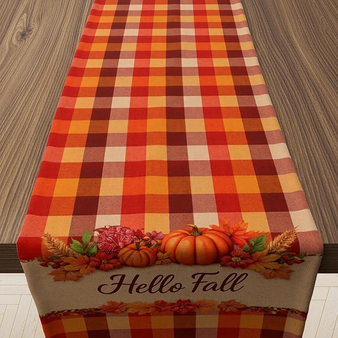 Fall Decor - Hello Fall Pumpkin Plaid Table Runner by OHOME