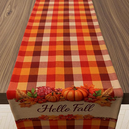 Fall Decor - Hello Fall Pumpkin Plaid Table Runner by OHOME