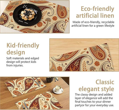 Placemats, Indian Vintage Paisley Pattern Brown Placemats 12x18 Inch Waterproof Non-Slip Washable Table Mats for Kitchen Dining Party Table Decor,Set of 6
