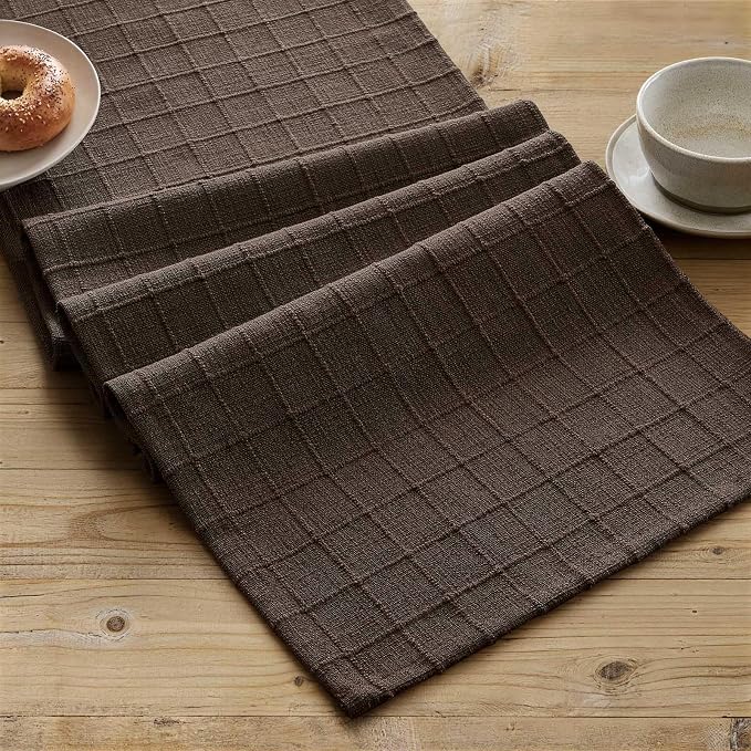 Artisanal Grid Linen Table Runner, 13x48 Inches Chocolate | Heavy Textured - Image 2