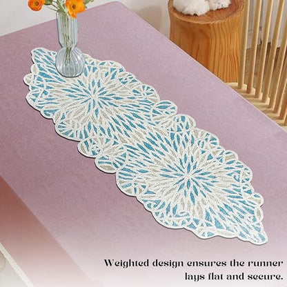 Beaded Table Runner, Sky Blue White, 36x13 | Glass beads on polyester backing - Image 7