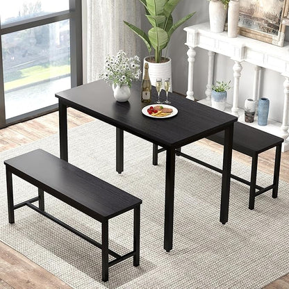 Sturdy Durable Dining Table Set for 4 with Bench, Easy to Assemble Kitchen Table with Bench, Space-Saving Ideal 4-Person Set for Daily Meals, brunches, or workspace,Black