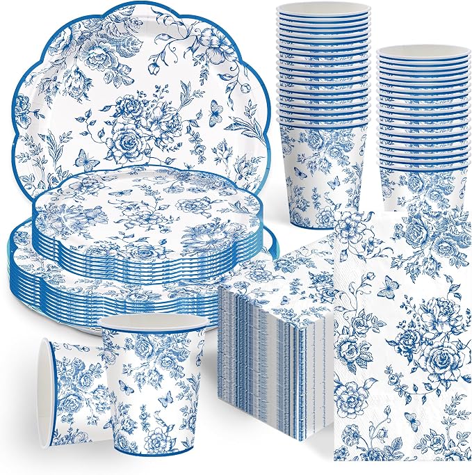 100pcs Blue Floral Paper Plates Napkins Flower Scalloped Tableware | Disposable by Detanpoly