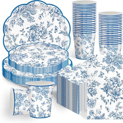 100pcs Blue Floral Paper Plates Napkins Flower Scalloped Tableware | Disposable by Detanpoly